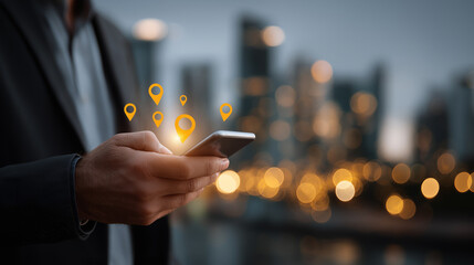 Digital Navigation: A modern city skyline forms the backdrop as a person holds a smartphone, its screen displaying a cluster of location markers, representing seamless navigation and connectivity.