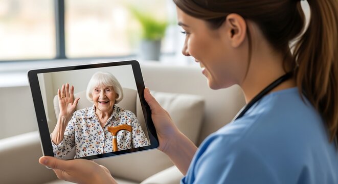 Nurse using a tablet to video call an elderly woman waving. Telehealth, elderly care, and connection concepts depicted. Shows a positive and caring interaction.