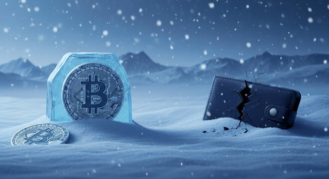 Bitcoin winter crypto crash cryptocurrency frozen wallet digital currency financial loss snow scene