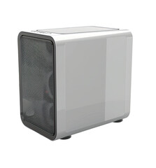 Obraz premium White cube-shaped device with a clear panel. Compact, modern, and sleek design. Features subtle, raised edges and a slightly recessed front panel. Possible use in home, office, or tech environment