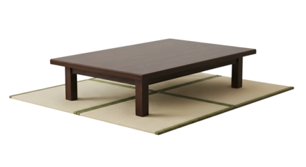 Low Wooden Table Sits on Tatami Mat in a Minimalist Setting, Interior Design Theme