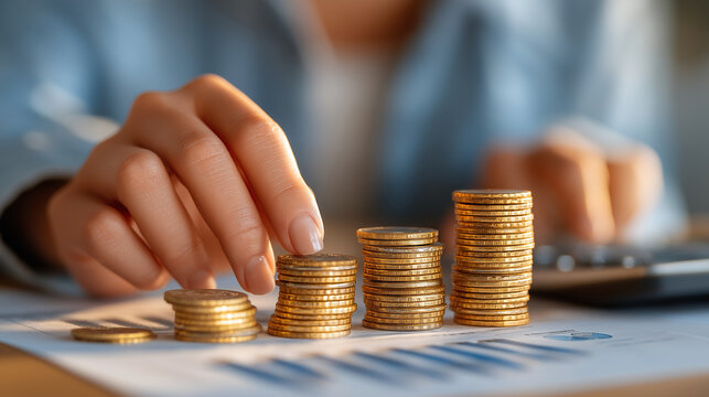 Wealth Growth: A businesswoman carefully stacks coins, symbolizing the steady climb of wealth and the importance of financial planning.