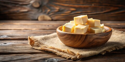Fresh butter cubes sitting in a charming wooden bowl on a rustic table, wooden bowl