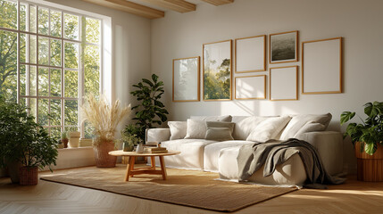 Fototapeta premium Cozy Interior with Art Display: A light-filled living room, with a large window, showcasing a neutral-toned sofa adorned with art frames, creating an inviting atmosphere.
