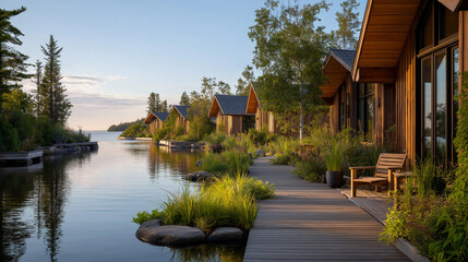 Fototapeta premium Lakeside Retreat: A collection of inviting wooden cabins nestled serenely along the tranquil edge of a clear, reflecting lake, illuminated by warm daylight.
