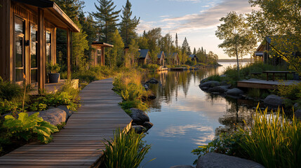 Fototapeta premium Lakeside Tranquility: A wooden walkway leads the viewer through a serene landscape, featuring charming cabins along a calm lake, reflecting the sky and surrounding nature and serenity.