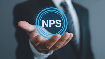 Businessperson presenting NPS score with digital overlay for customer insights
