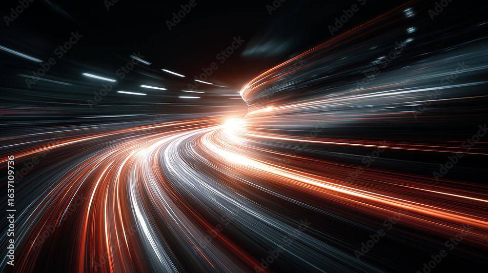 Wall mural speeding into the unknown: captivating light trails illuminate a dark tunnel, symbolizing motion and