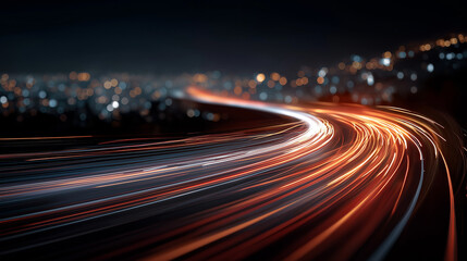 Fototapeta premium City Lights Trail: An artistic capture of vibrant light trails gracefully curving through a modern cityscape at dusk, symbolizing the dynamic essence of speed, energy.