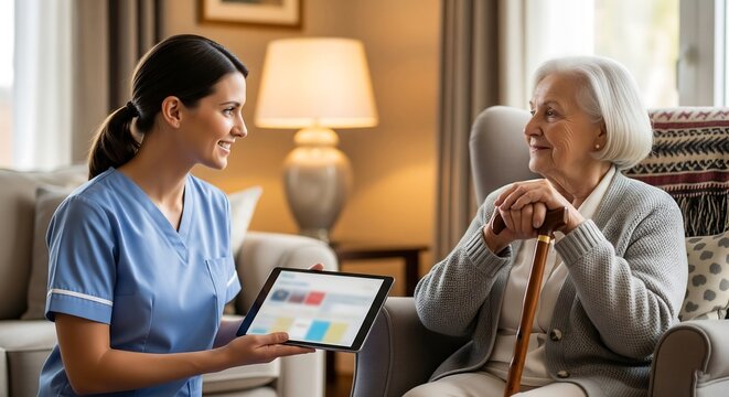 Nurse showing tablet to elderly woman with cane in a cozy living room. Compassionate care, digital health, and senior well-being depicted.