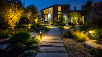 Obraz premium Modern house garden path light evening