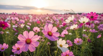 Fototapeta premium Cosmos flowers field sunset light bloom