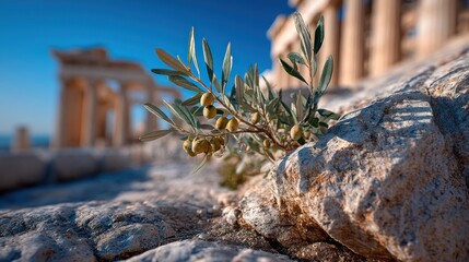 Olive Branch in front of Ancient Greek Ruins on a Sunny Day