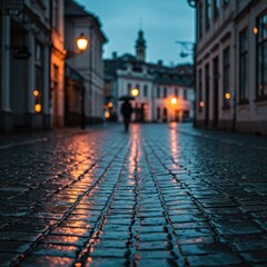 Rainy night, cobblestone street, city, person walking, atmospheric background, travel