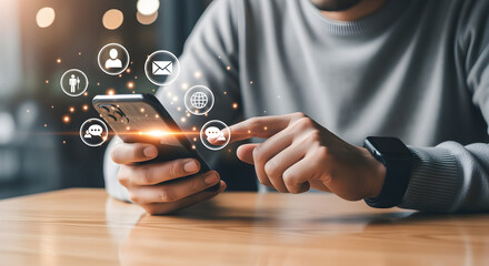 Person Using Smartphone with Translucent App Icons on Wooden Table in Gray Sweater with Bokeh Lights Background