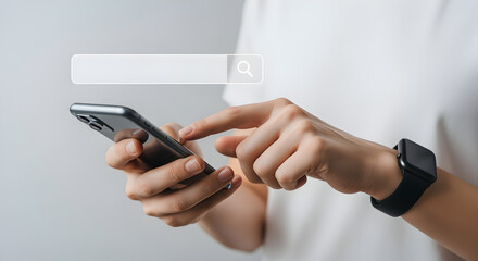 Person Using Smartphone with Search Bar Overlay Wearing a White Shirt and Smartwatch on Neutral Background