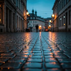 Cobblestone street, evening walk, city, lamps,  wet, background buildings, travel