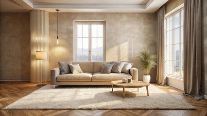 Soft natural light filters through the window of a modern living room, illuminating a beige worn-effect wall and a plush area rug in neutral tones, home decor, beige