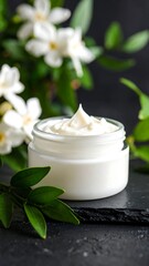 Cream jar surrounded by flowers