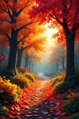 A vibrant autumn scene featuring a diverse array of colorful foliage, fallen leaves carpeting the ground, and sunlight filtering through the branches , change, crisp, fall