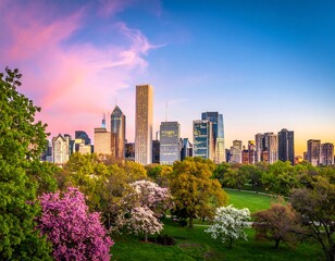 Obraz premium Spring city skyline at dawn
