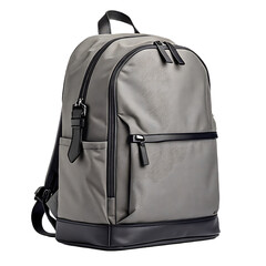 Fototapeta premium A studio shot of a gray backpack with black trim and a black base against a black background showing details