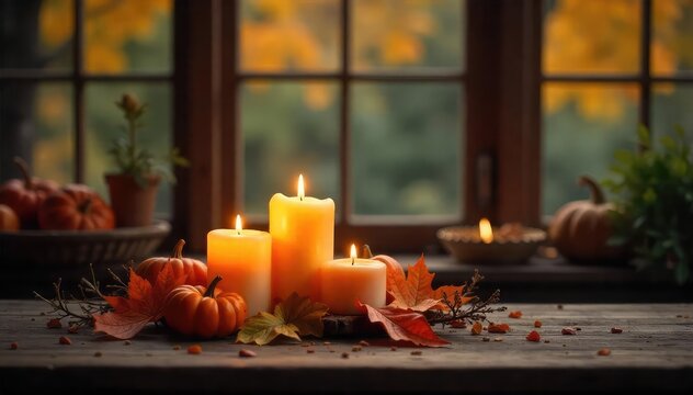 Cozy autumn evening scene with burning candles illuminating a rustic wooden table, creating a warm and inviting atmosphere Perfect for fall, home decor, and relaxation themes , comfort, orange