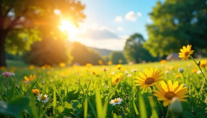 Fototapeta premium Golden hour sunlight bathes a vibrant summer scene; lush green grass, bright flowers, and a clear blue sky Perfect for summer, vacation, and nature themes , tranquil, nature