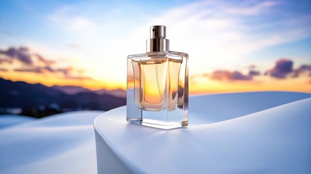 A perfume bottle sits on a white surface with a scenic sunset sky as a background. The glass bottle gleams with golden liquid