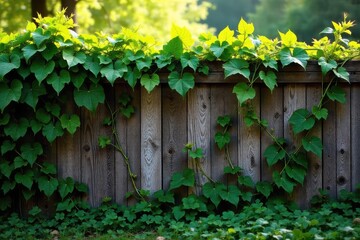 Intricate network of lush green leaves and twisting vines climbing a rustic fence, bathed in sunlight Perfect for nature, botany, and garden themes , green, wall