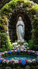 Fototapeta premium Serene grotto featuring a statue of the Virgin Mary surrounded by nature