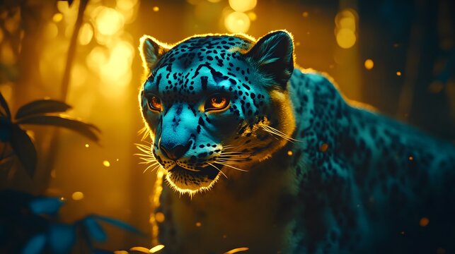 Majestic Snow Leopard in Golden Forest Sunset AI Art