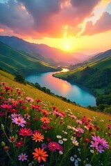 Serene vista of rolling hills, vibrant wildflowers, and a crystal-clear lake under a breathtaking sunset Perfect for travel, nature, and environmental projects , calm, mountain