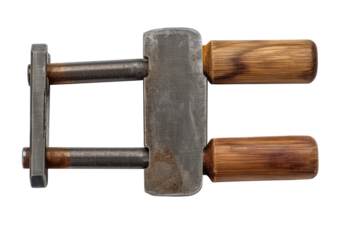 Metal clasp with wooden handles.  Dark gray metal body, two wooden handles.  Mechanical join