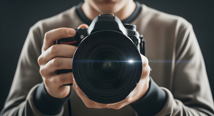 Photographer Hands Holding a Professional DSLR Camera with a Visible Lens Flare in a Dark Studio Setting
