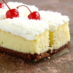 Creamy cheesecake slices topped with cherries and coconut
