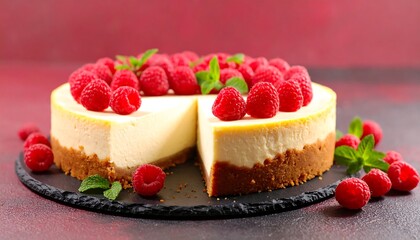 Creamy cheesecake topped with raspberries