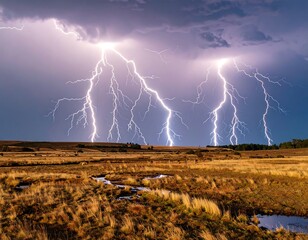 Dramatic lightning storm over a field