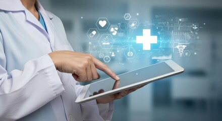 Health Technology Interaction: A doctor is shown interacting with a digital tablet overlaid with futuristic medical icons, symbolizing modern healthcare innovations and advancements.
