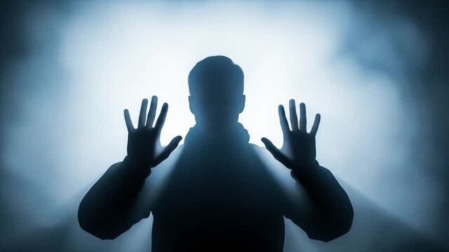 Eerie Silhouette: Man with Hands Up in Misty Blue Light, Mystery and Surrender