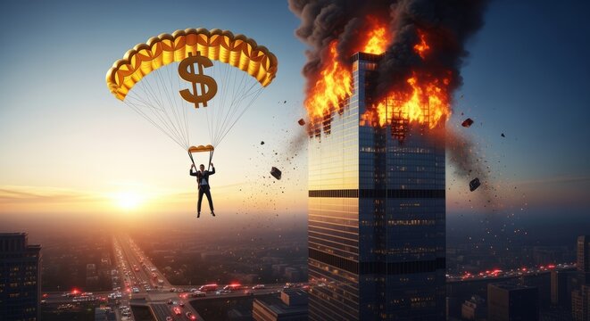 Golden parachute opening over burning office tower safe escape from crisis