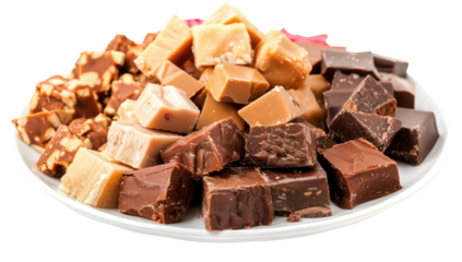 Assorted hard candies, likely fudge and caramel, in various colors, are piled high on a white plate