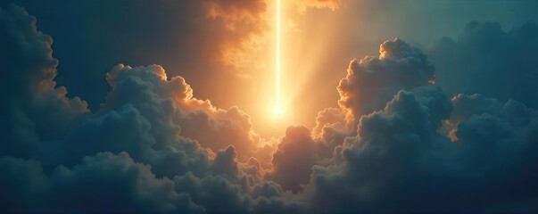 A single, ethereal beam of light pierces through dark clouds, symbolizing hope, enlightenment, and spiritual awakening Perfect for concepts of faith, divinity, and inner peace , inner, illumination
