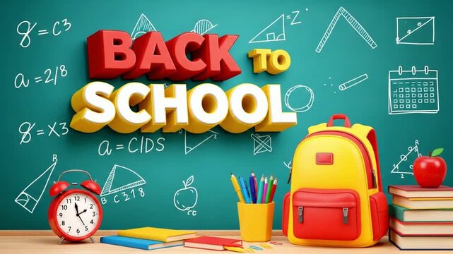 Back to school text on chalkboard with backpack, books, apple, and alarm clock on desk setup