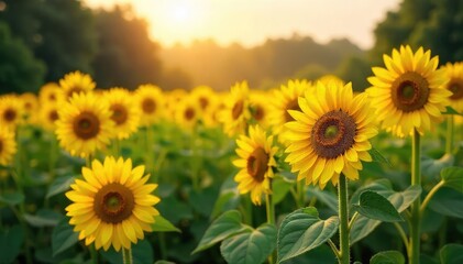 Obraz premium Sunflowers Bask in Golden Sunlight Picturesque Park Scene Perfect for Relaxation and Enjoyment