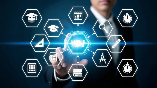 Person touching back to school digital interface with educational icons on a dark blue background - Powered by Adobe