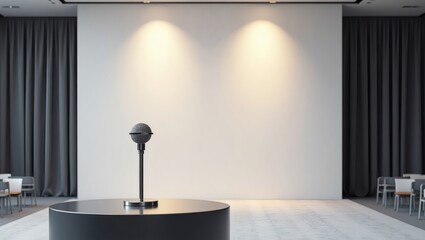 A minimalist conference room with a microphone, ready for a presentation. A stylish scene with two lights focused on the stage and curtains on the side.