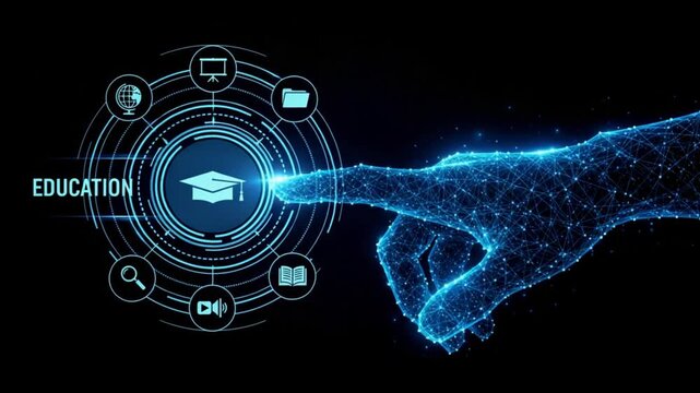 Digital hand touching education interface with icons on black background for learning concept