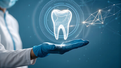 Dentist holding holographic tooth with digital network overlay