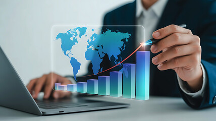 Businessman analyzing global financial growth with a holographic digital bar chart and world map projection